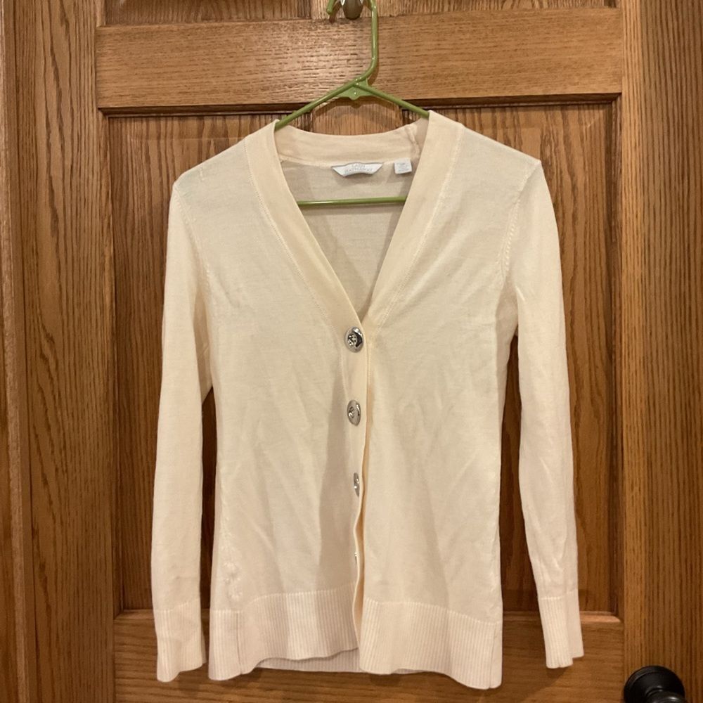 Lady Hathaway V-Neck Cardigan Sweater. Cream, silver buttons. Size Small